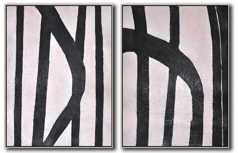 Hand-Painted Set Of 2 Minimal Painting On Canvas - Black And Grey Canvas Wall Art Double Room Extra Large